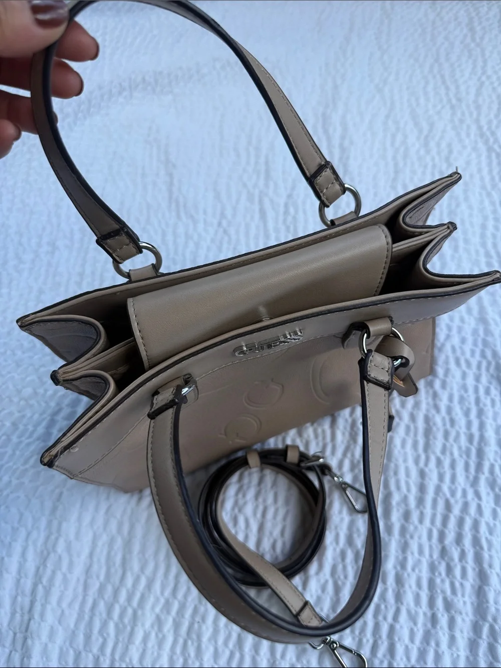 GUESS Taupe Embossed Logo Satchel with Charm